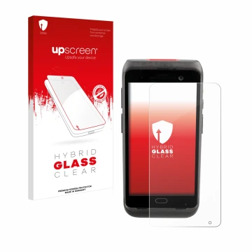 Parte frontal de un envase de producto con el logotipo de la marca upscreen. Al lado se muestra el dispositivo Honeywell CT40 