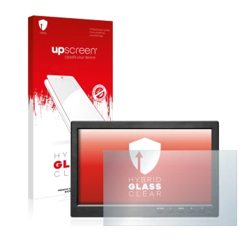 Parte frontal de un envase de producto con el logotipo de la marca upscreen. Al lado se muestra el dispositivo Podofo HD Monit