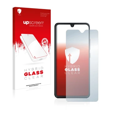 Parte frontal de un envase de producto con el logotipo de la marca upscreen. Al lado se muestra el dispositivo Cubot Note 7 co