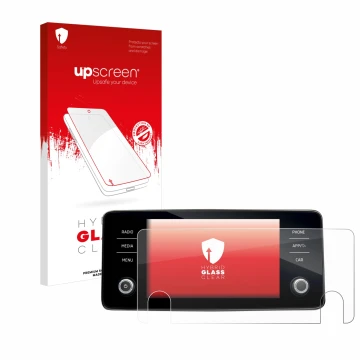 Parte frontal de un envase de producto con el logotipo de la marca upscreen. Al lado se muestra el dispositivo Skoda Bolero 20