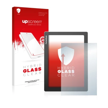 Parte frontal de un envase de producto con el logotipo de la marca upscreen. Al lado se muestra el dispositivo PocketBook InkP