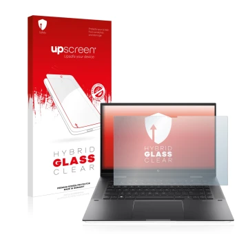Parte frontal de un envase de producto con el logotipo de la marca upscreen. Al lado se muestra el dispositivo HP Envy x360 (1