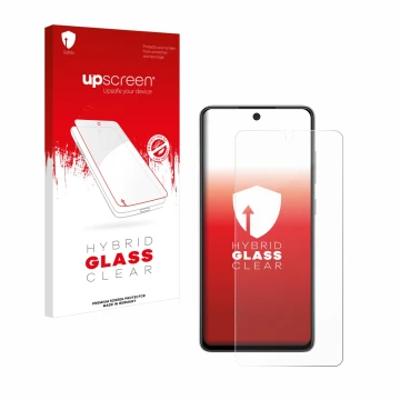 Parte frontal de un envase de producto con el logotipo de la marca upscreen. Al lado se muestra el dispositivo Samsung Galaxy 