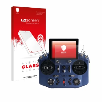 Parte frontal de un envase de producto con el logotipo de la marca upscreen. Al lado se muestra el dispositivo FrSky Tandem X2