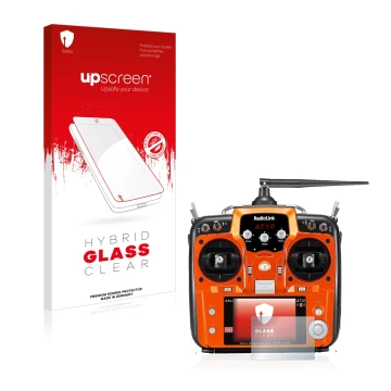 Parte frontal de un envase de producto con el logotipo de la marca upscreen. Al lado se muestra el dispositivo RadioLink AT10I
