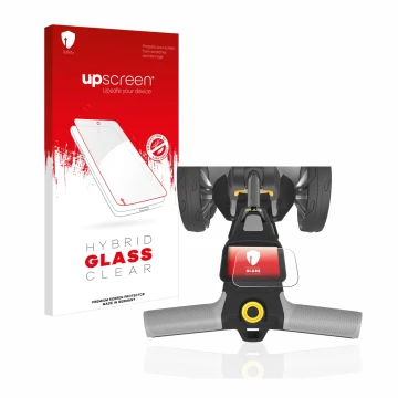 Parte frontal de un envase de producto con el logotipo de la marca upscreen. Al lado se muestra el dispositivo PowaKaddy CT6 c