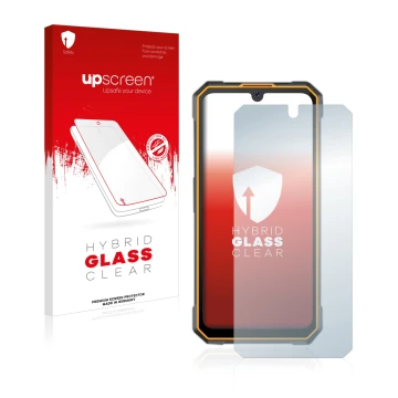 Parte frontal de un envase de producto con el logotipo de la marca upscreen. Al lado se muestra el dispositivo Cubot King Kong