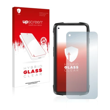Parte frontal de un envase de producto con el logotipo de la marca upscreen. Al lado se muestra el dispositivo Cubot King Kong