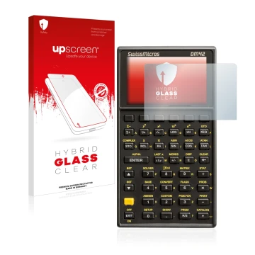 Parte frontal de un envase de producto con el logotipo de la marca upscreen. Al lado se muestra el dispositivo SwissMicros DM4