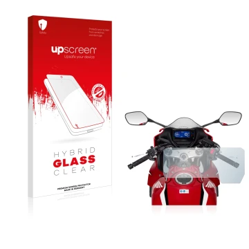 Parte frontal de un envase de producto con el logotipo de la marca upscreen. Al lado se muestra el dispositivo Honda CBR650R 2