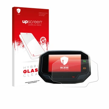 Parte frontal de un envase de producto con el logotipo de la marca upscreen. Al lado se muestra el dispositivo Kawasaki Z900 2