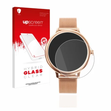 Parte frontal de un envase de producto con el logotipo de la marca upscreen. Al lado se muestra el dispositivo Naixues Smartwa