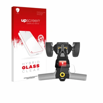 Parte frontal de un envase de producto con el logotipo de la marca upscreen. Al lado se muestra el dispositivo PowaKaddy CT6 G