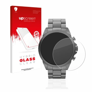 Parte frontal de un envase de producto con el logotipo de la marca upscreen. Al lado se muestra el dispositivo Fossil Gen 6 (4