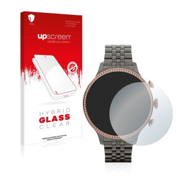 Parte frontal de un envase de producto con el logotipo de la marca upscreen. Al lado se muestra el dispositivo Fossil Gen 6 (4