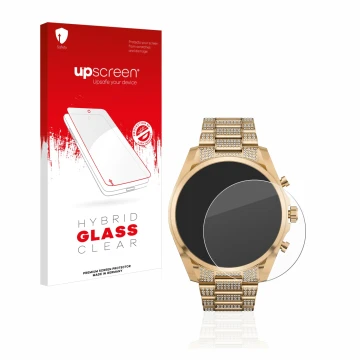 Parte frontal de un envase de producto con el logotipo de la marca upscreen. Al lado se muestra el dispositivo Michael Kors Ac