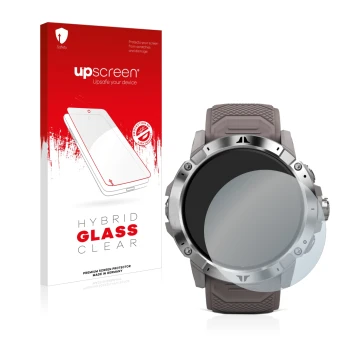 Parte frontal de un envase de producto con el logotipo de la marca upscreen. Al lado se muestra el dispositivo Coros Vertix 2 