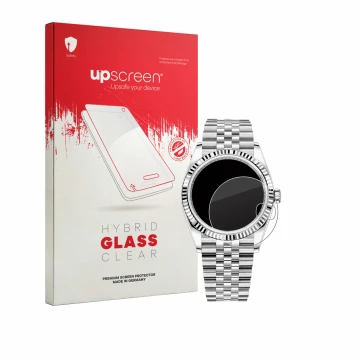 Parte frontal de un envase de producto con el logotipo de la marca upscreen. Al lado se muestra el dispositivo Rolex Datejust 