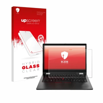 Parte frontal de un envase de producto con el logotipo de la marca upscreen. Al lado se muestra el dispositivo Lenovo ThinkPad