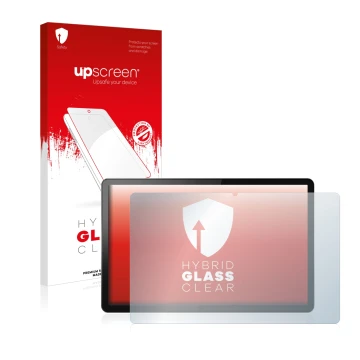 Parte frontal de un envase de producto con el logotipo de la marca upscreen. Al lado se muestra el dispositivo Lenovo Tab P11 
