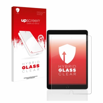 Parte frontal de un envase de producto con el logotipo de la marca upscreen. Al lado se muestra el dispositivo Apple iPad 10.2