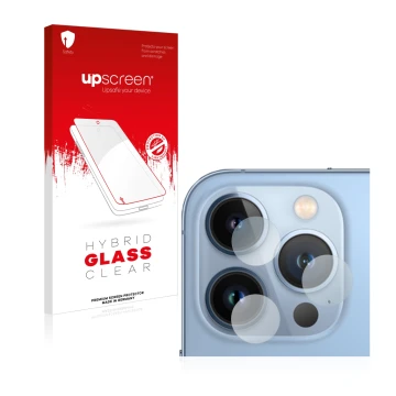 Parte frontal de un envase de producto con el logotipo de la marca upscreen. Al lado se muestra el dispositivo Apple iPhone 13