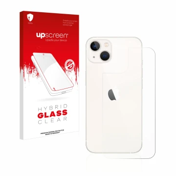Parte frontal de un envase de producto con el logotipo de la marca upscreen. Al lado se muestra el dispositivo Apple iPhone 13