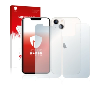 Parte frontal de un envase de producto con el logotipo de la marca upscreen. Al lado se muestra el dispositivo Apple iPhone 13