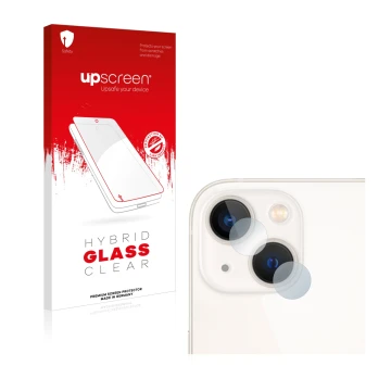 Parte frontal de un envase de producto con el logotipo de la marca upscreen. Al lado se muestra el dispositivo Apple iPhone 13