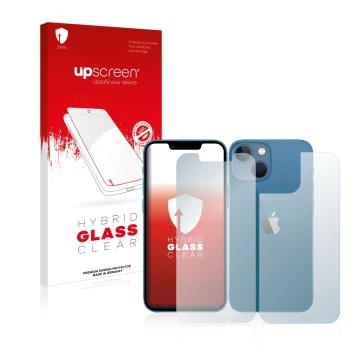 Parte frontal de un envase de producto con el logotipo de la marca upscreen. Al lado se muestra el dispositivo Apple iPhone 13