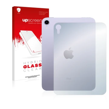 Parte frontal de un envase de producto con el logotipo de la marca upscreen. Al lado se muestra el dispositivo Apple iPad Mini