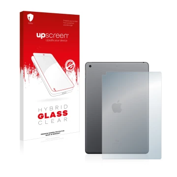 Parte frontal de un envase de producto con el logotipo de la marca upscreen. Al lado se muestra el dispositivo Apple iPad 10.2