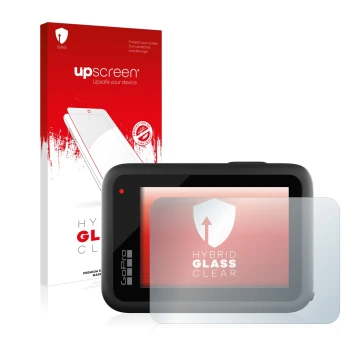Parte frontal de un envase de producto con el logotipo de la marca upscreen. Al lado se muestra el dispositivo GoPro Hero 10 B