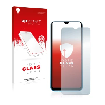 Parte frontal de un envase de producto con el logotipo de la marca upscreen. Al lado se muestra el dispositivo realme C25Y con