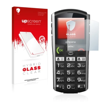 Parte frontal de un envase de producto con el logotipo de la marca upscreen. Al lado se muestra el dispositivo Emporia Simplic