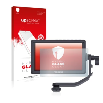 Parte frontal de un envase de producto con el logotipo de la marca upscreen. Al lado se muestra el dispositivo Feelworld FW568