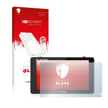 Parte frontal de un envase de producto con el logotipo de la marca upscreen. Al lado se muestra el dispositivo Feelworld LUT6S