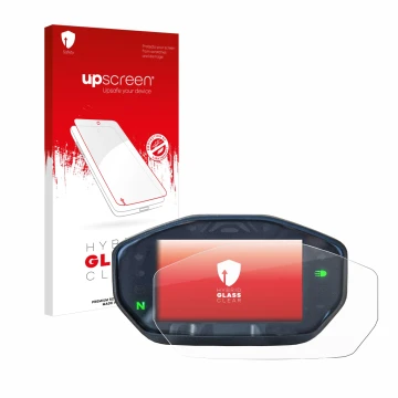 Parte frontal de un envase de producto con el logotipo de la marca upscreen. Al lado se muestra el dispositivo Ducati Monster 