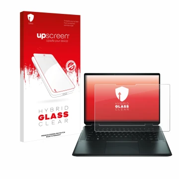 Parte frontal de un envase de producto con el logotipo de la marca upscreen. Al lado se muestra el dispositivo HP Spectre x360