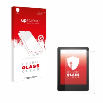 Parte frontal de un envase de producto con el logotipo de la marca upscreen. Al lado se muestra el dispositivo Amazon Kindle P