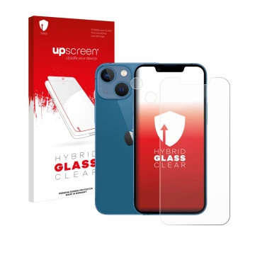 Parte frontal de un envase de producto con el logotipo de la marca upscreen. Al lado se muestra el dispositivo Apple iPhone 13
