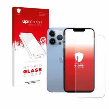 Parte frontal de un envase de producto con el logotipo de la marca upscreen. Al lado se muestra el dispositivo Apple iPhone 13