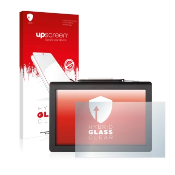 Parte frontal de un envase de producto con el logotipo de la marca upscreen. Al lado se muestra el dispositivo Signotec Pen Di