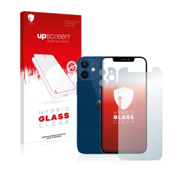 Parte frontal de un envase de producto con el logotipo de la marca upscreen. Al lado se muestra el dispositivo Apple iPhone 12