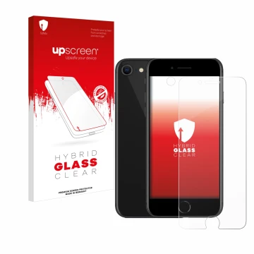 Parte frontal de un envase de producto con el logotipo de la marca upscreen. Al lado se muestra el dispositivo Apple iPhone SE