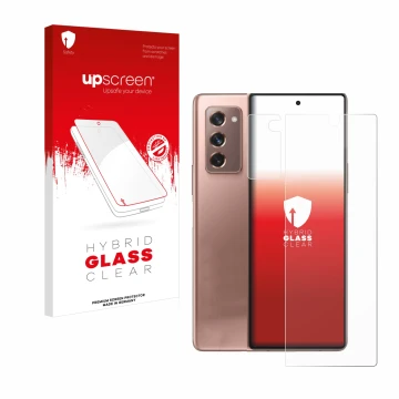 Parte frontal de un envase de producto con el logotipo de la marca upscreen. Al lado se muestra el dispositivo Samsung Galaxy 