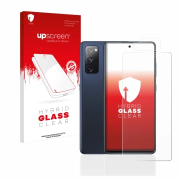 Parte frontal de un envase de producto con el logotipo de la marca upscreen. Al lado se muestra el dispositivo Samsung Galaxy 