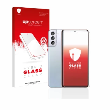 Parte frontal de un envase de producto con el logotipo de la marca upscreen. Al lado se muestra el dispositivo Samsung Galaxy 