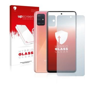 Parte frontal de un envase de producto con el logotipo de la marca upscreen. Al lado se muestra el dispositivo Samsung Galaxy 