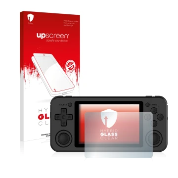Parte frontal de un envase de producto con el logotipo de la marca upscreen. Al lado se muestra el dispositivo Anbernic RG351P